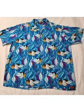Kahlua Anything Goes Hawaiian Shirt Mens Size XL Blue 1/4 Zip 100% Rayon Summer